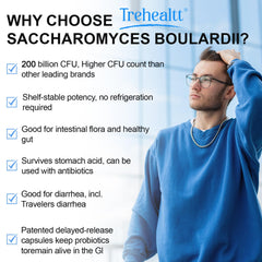 Trehealtt Saccharomyces boulardii bottle label highlights shelf-stable formula.