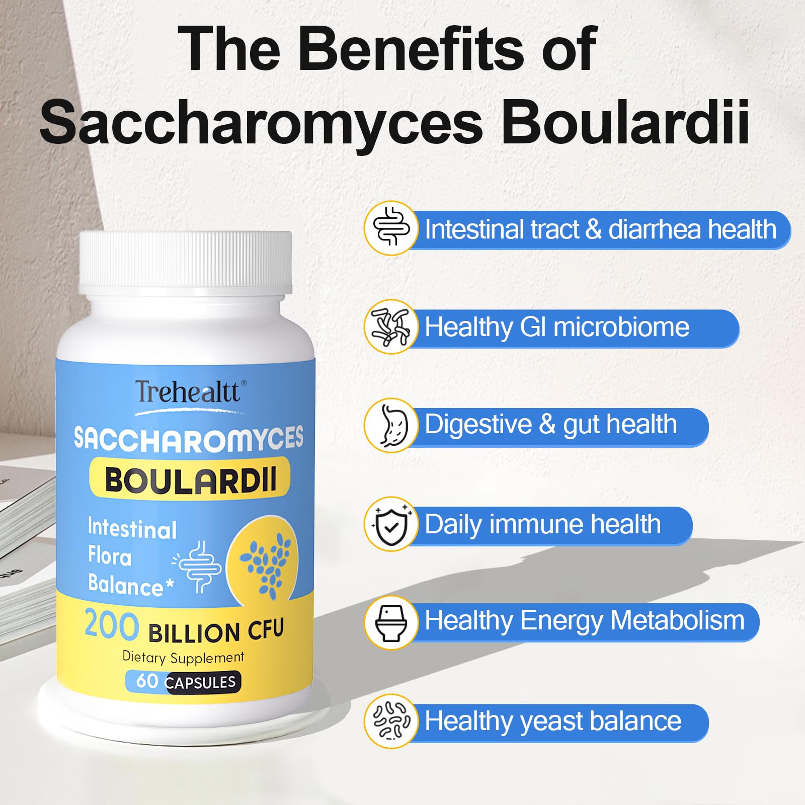 Trehealtt Saccharomyces boulardii on kitchen counter suggests convenient daily routine.