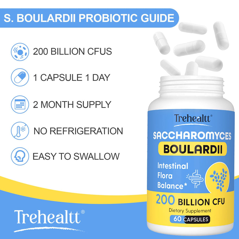Trehealtt Saccharomyces boulardii shelf-stable pack emphasizes no refrigeration.