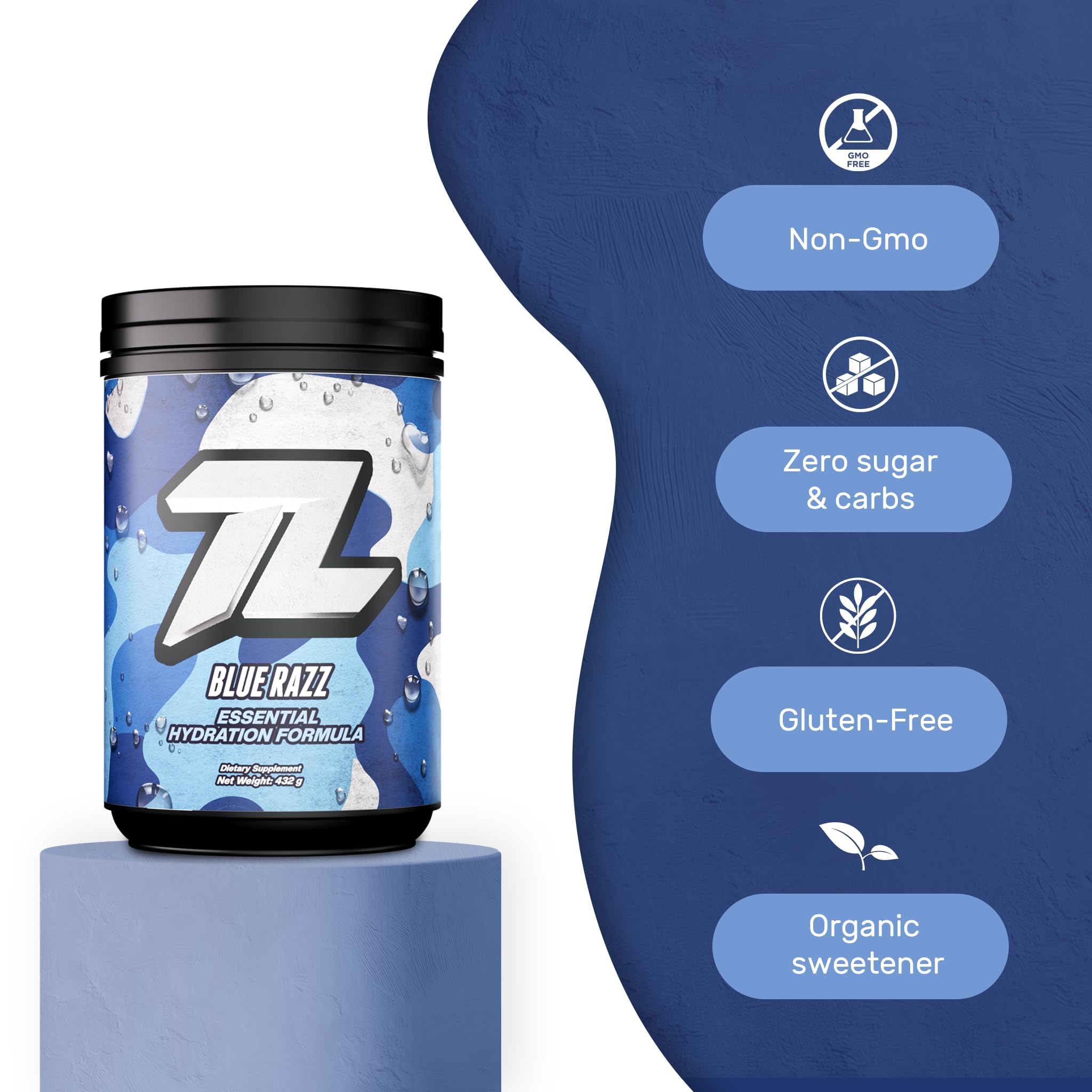 Blue razz label on Treigning Lab hydration highlighting keto-friendly flavor.