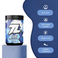 Blue razz label on Treigning Lab hydration highlighting keto-friendly flavor.
