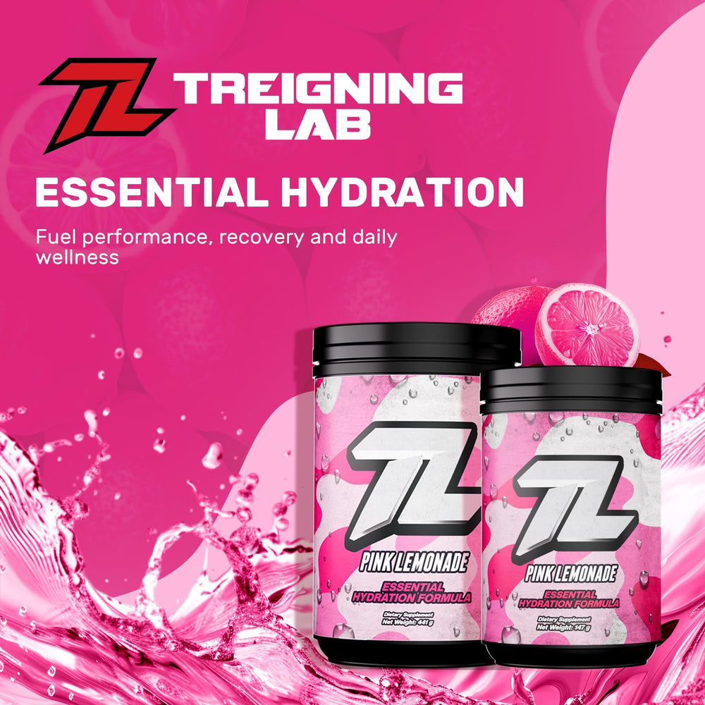 The Treigning Lab Hydration Electrolyte Powder canister on kitchen counter supports keto-friendly daily hydration.