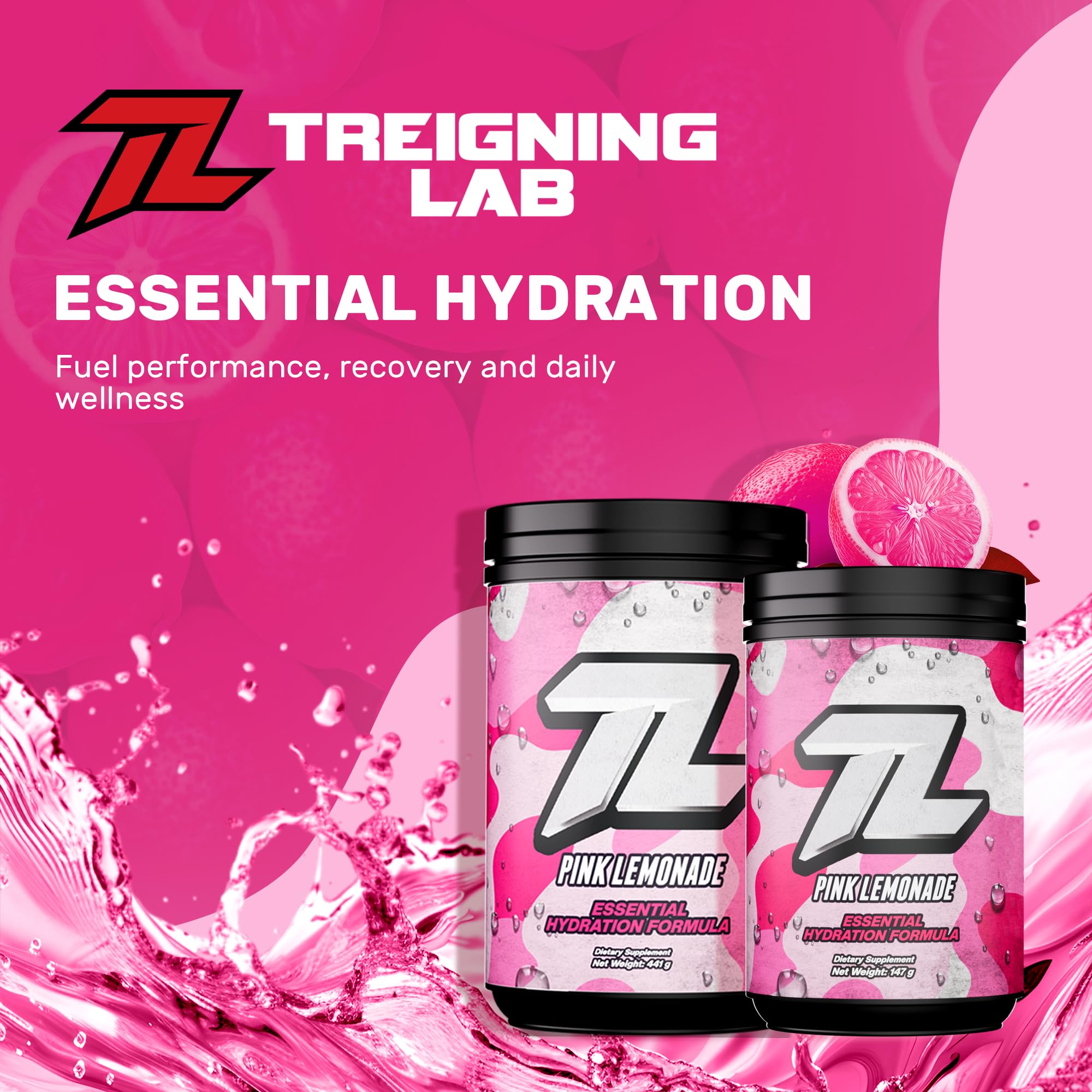 The Treigning Lab hydration powder pink lemonade poured into water glass for refreshing hydration