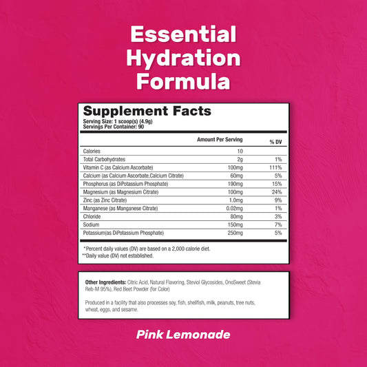 The Treigning Lab hydration powder pink lemonade scoop for quick mixing before workouts