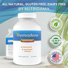 Tremadone packaging label highlighting gluten-free and dairy-free formula