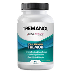 Tremanol bottle close-up highlighting daily tremor support from Real Science Nutrition.
