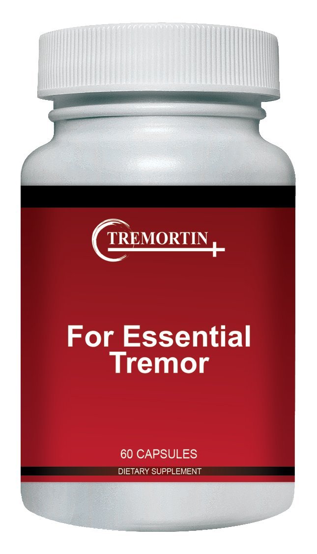 Tremortin bottle with label suggests natural tremor relief potential