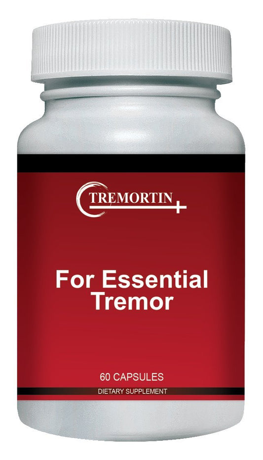 Tremortin bottle with label suggests natural tremor relief potential