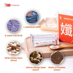 TrendyFood SlimPLUS box packaging highlights a science-driven formula and 30 sticks.