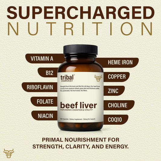 Tribal Harvest capsules-closeup highlighting pure beef liver vitamins and minerals.