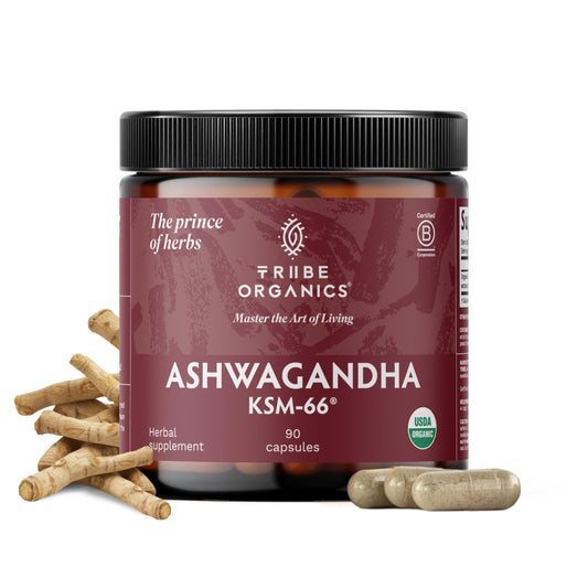 TRIBE ORGANICS Ashwagandha KSM66 bottle front for daily balance