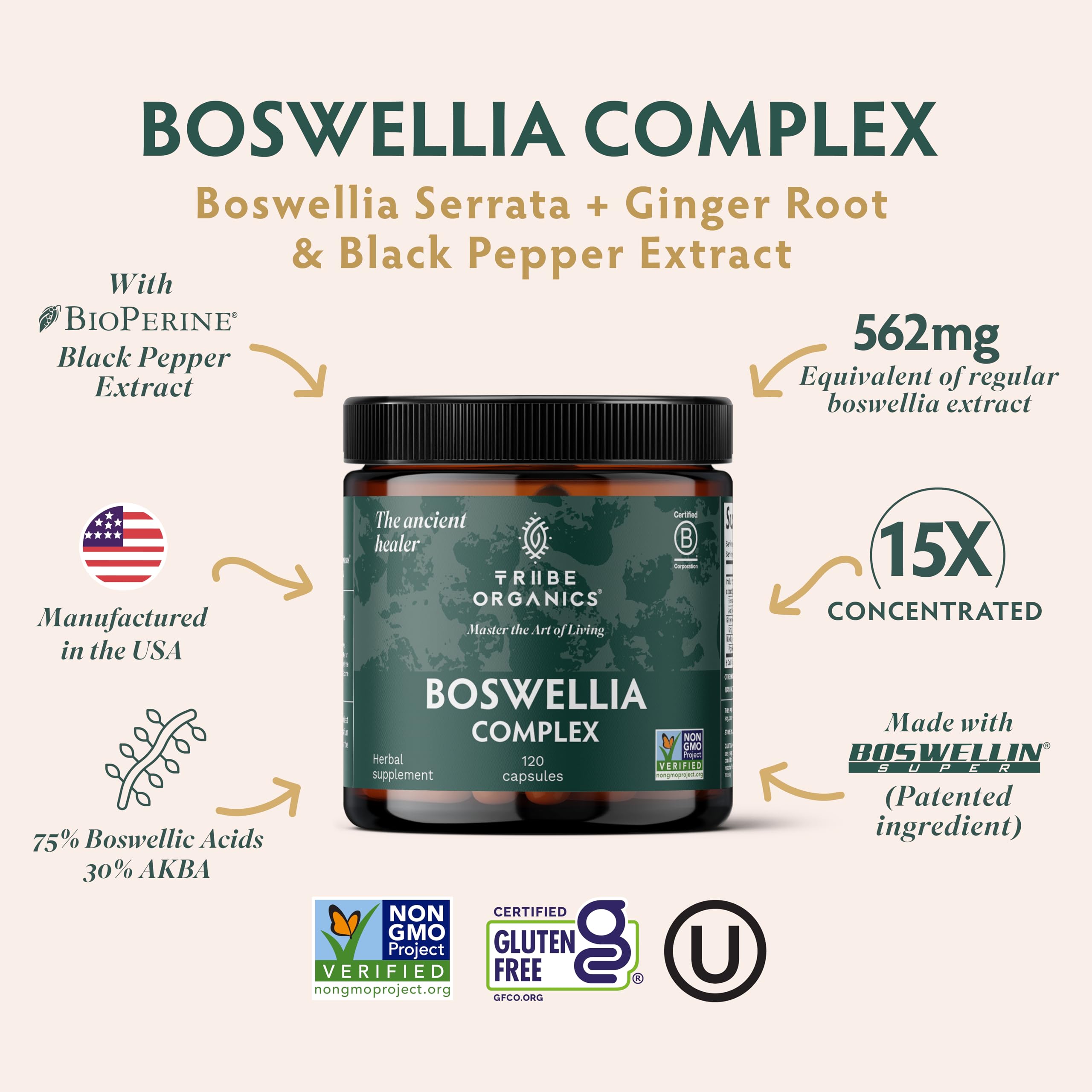 TRIBE ORGANICS Boswellia supplement label highlighting vegan and non-GMO promise.