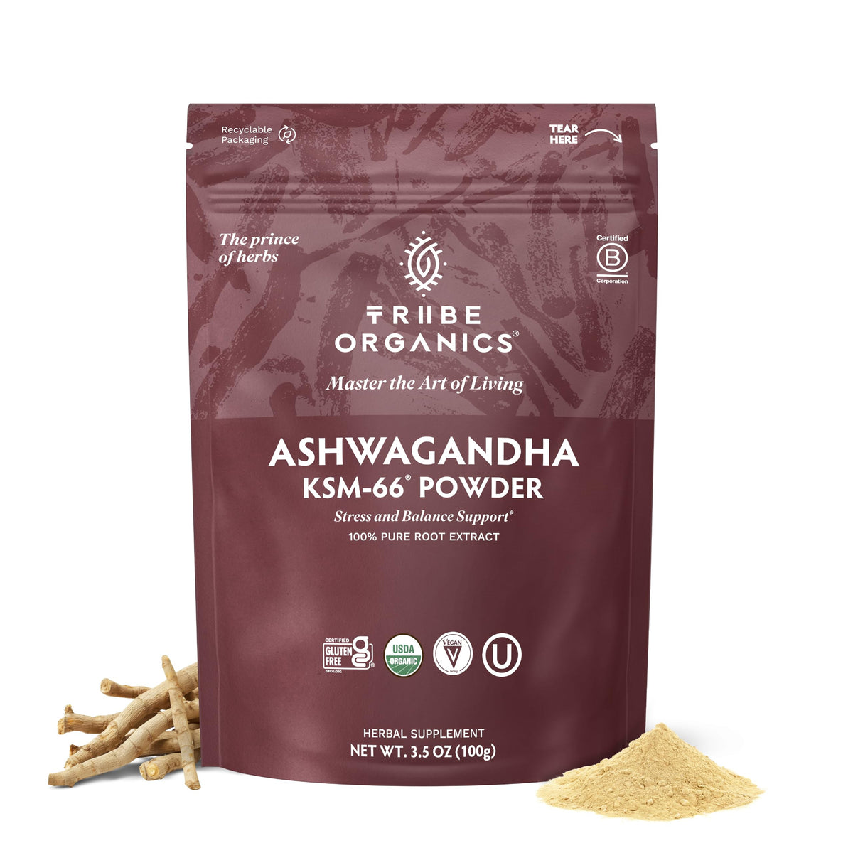 TRIBE ORGANICS KSM-66 Ashwagandha powder pouch for daily mood and energy support.
