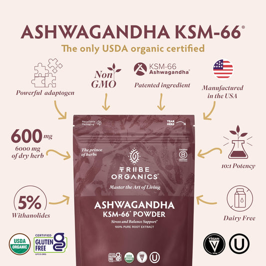 TRIBE ORGANICS KSM-66 Ashwagandha powder scoop for easy daily dosing.
