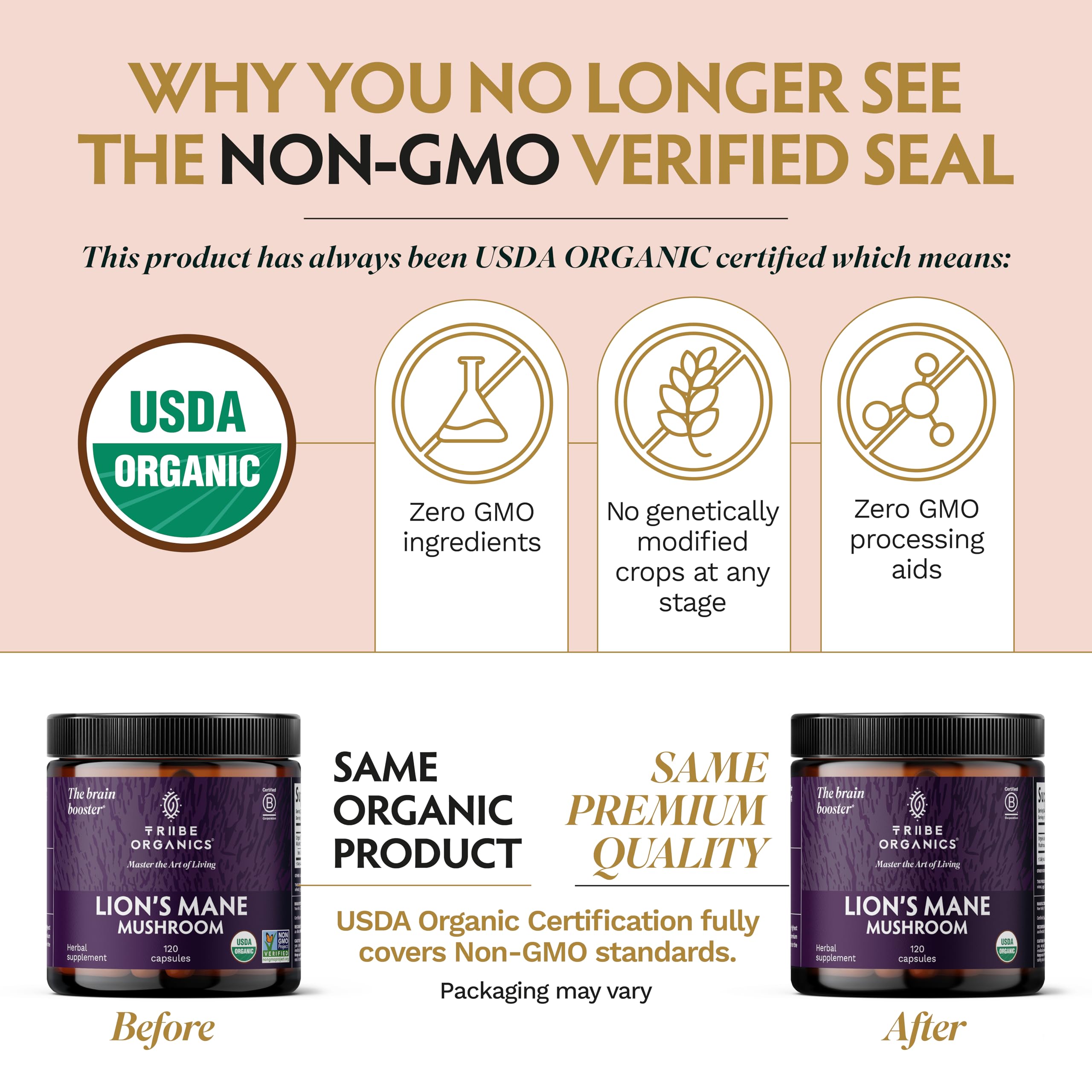 TRIBE ORGANICS Lion’s Mane GMP facility seal indicating high-quality production.