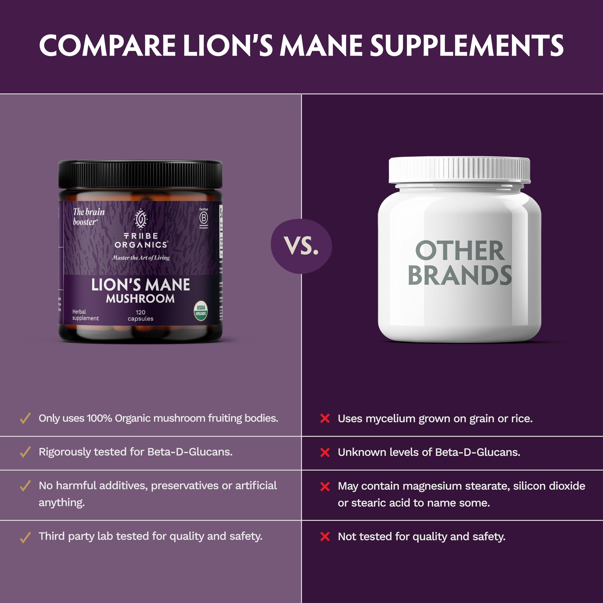 TRIBE ORGANICS Lion’s Mane packaging emphasizes eco-friendly, GMP quality.