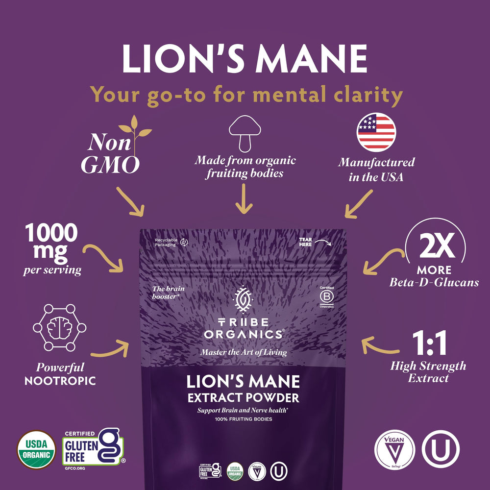 TRIBE ORGANICS Lion’s Mane powder bottle back – sourcing and potency details