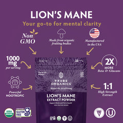 TRIBE ORGANICS Lion’s Mane powder bottle back – sourcing and potency details