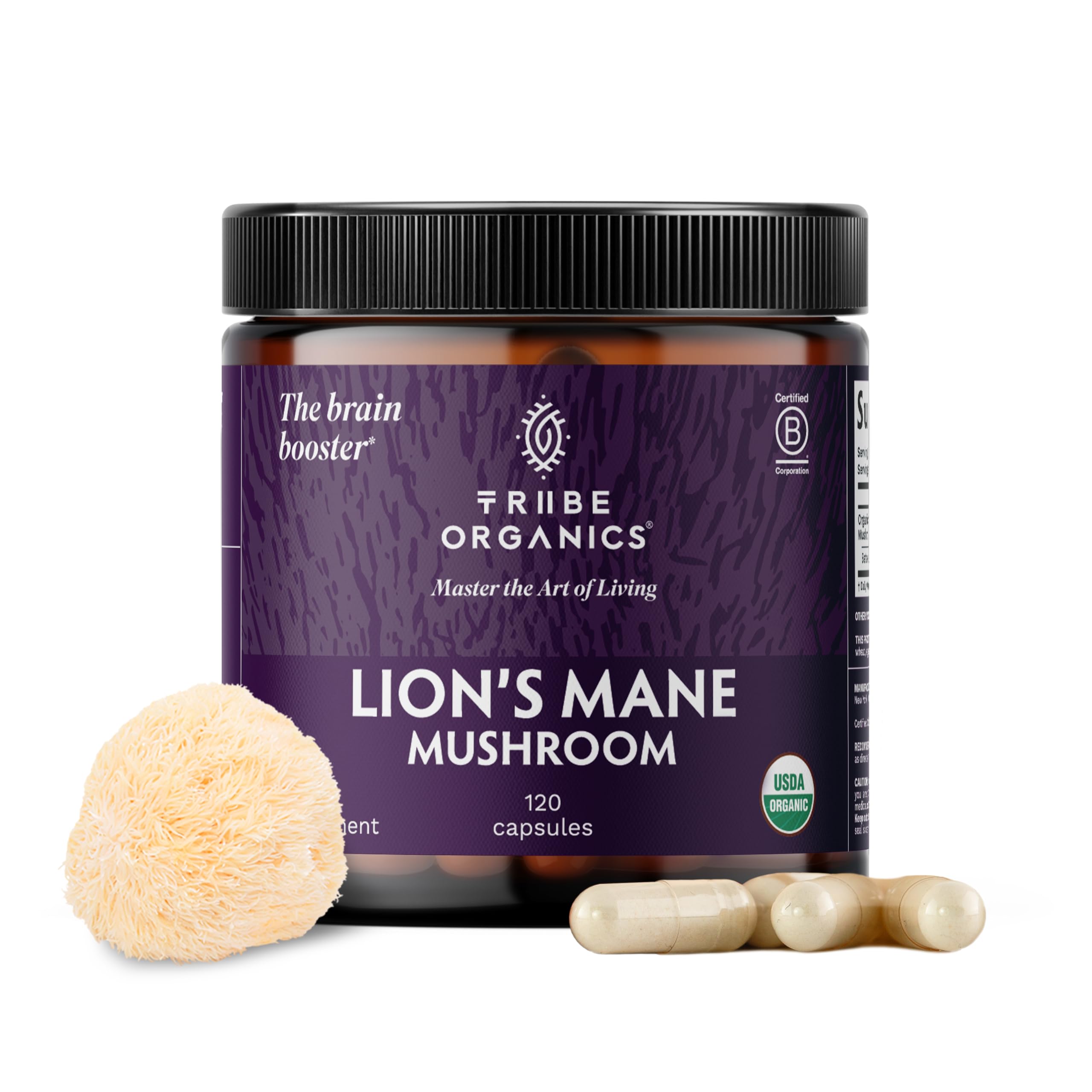 TRIBE ORGANICS Lion’s Mane bottle showing 1000mg extract for focus.