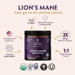 TRIBE ORGANICS Lion’s Mane powder scoop promoting sustainable energy and focus.