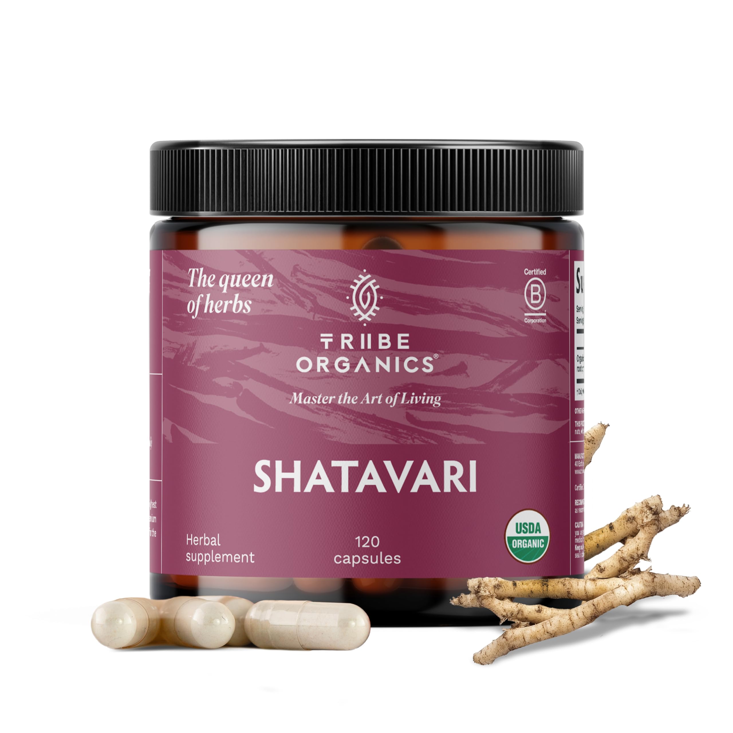 TRIBE ORGANICS Shatavari bottle closeup showing premium packaging and hormonal balance support
