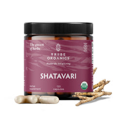 TRIBE ORGANICS Shatavari bottle closeup showing premium packaging and hormonal balance support