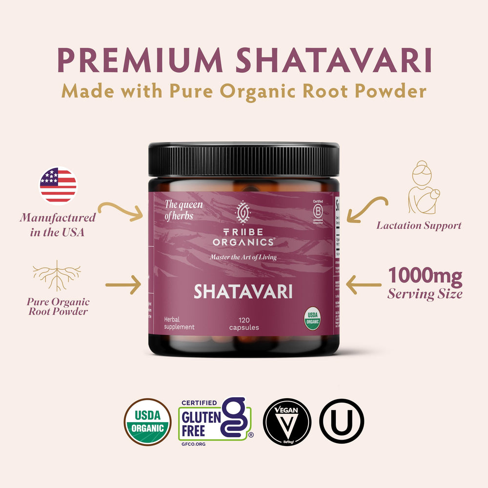 TRIBE ORGANICS Shatavari capsules pack displays vegan bottle for reproductive wellness