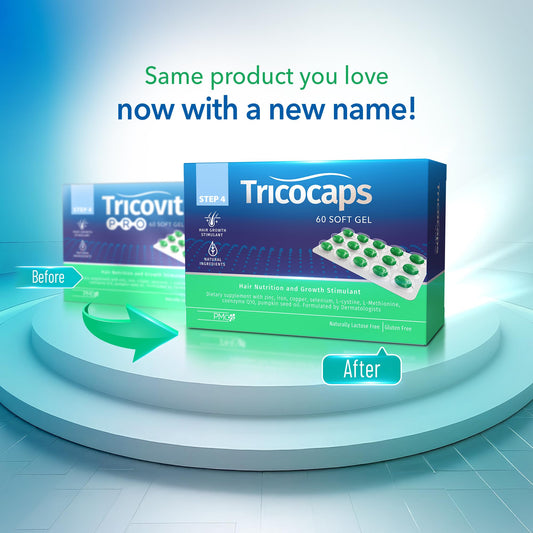 Tricovit Tricocaps softgels closeup showing easy-to-swallow capsules.