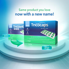 Tricovit Tricocaps softgels closeup showing easy-to-swallow capsules.