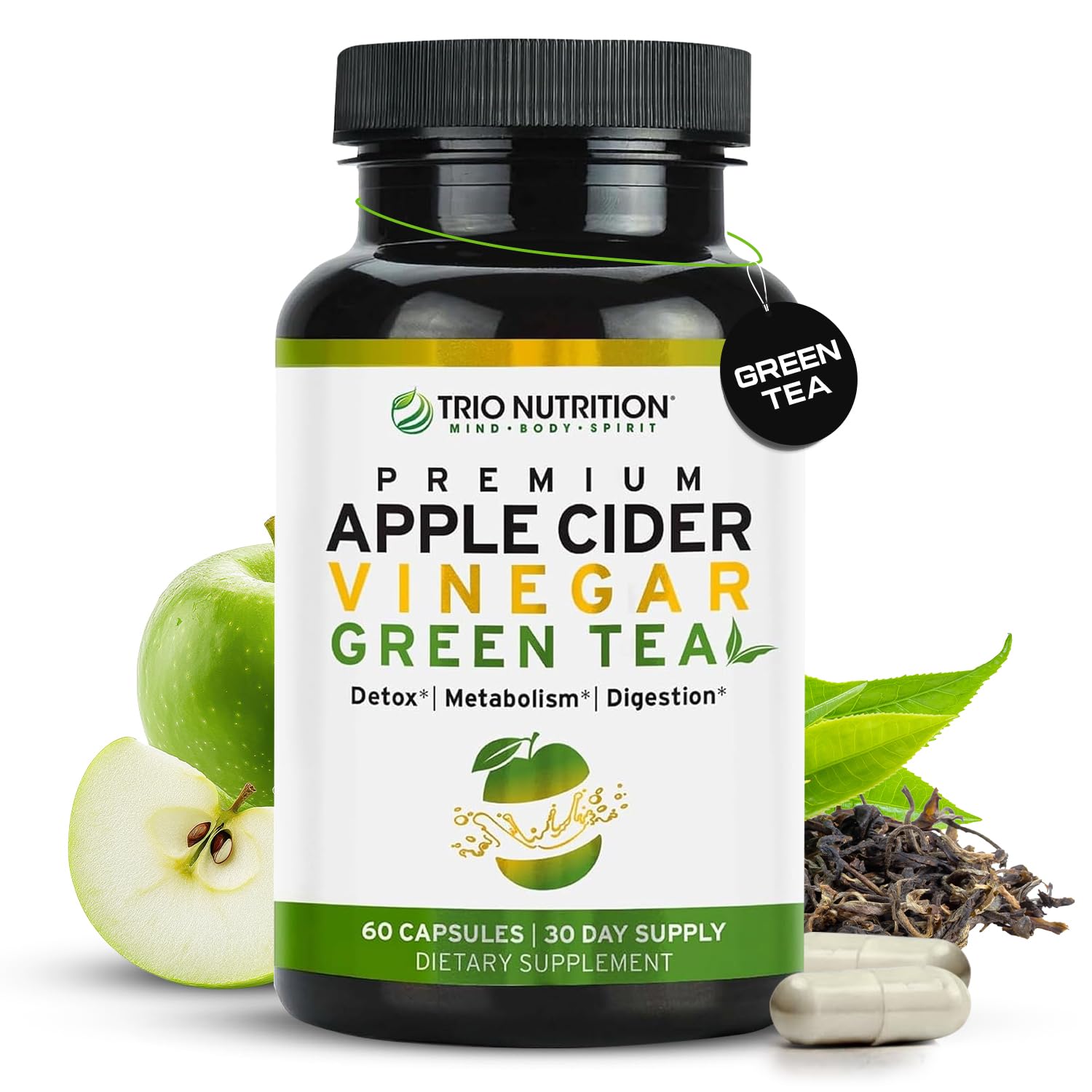 TRIO NUTRITION Apple Cider Vinegar Green Tea capsules bottle for daily detox support.