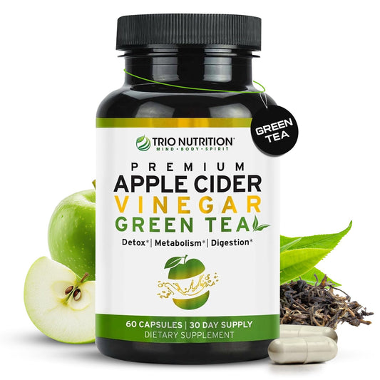 TRIO NUTRITION Apple Cider Vinegar Green Tea capsules bottle for daily detox support.