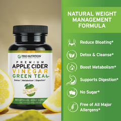 TRIO NUTRITION green tea leaves with capsules hint at antioxidant blend.
