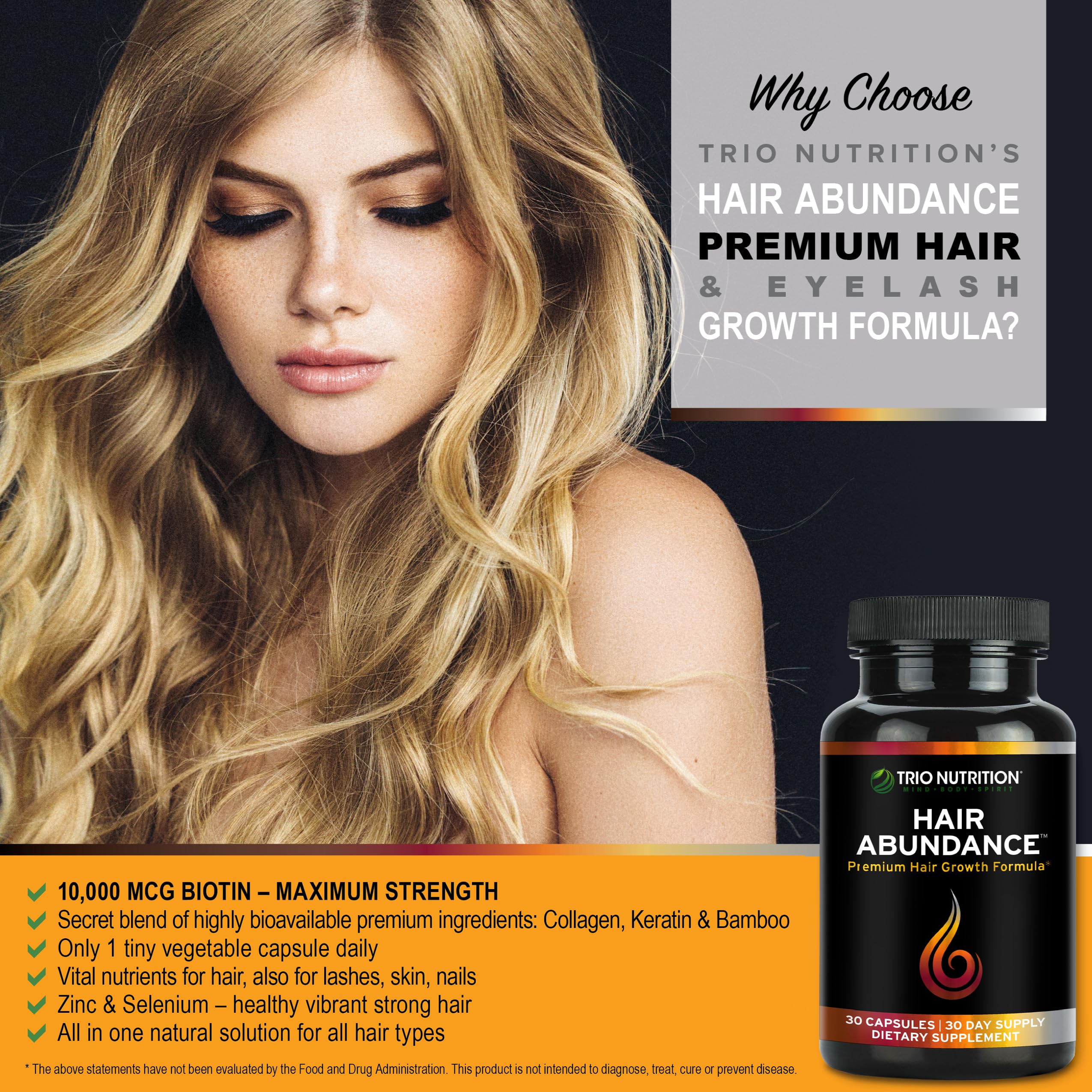 TRIO NUTRITION Hair Abundance capsules close-up highlighting keratin and biotin support.