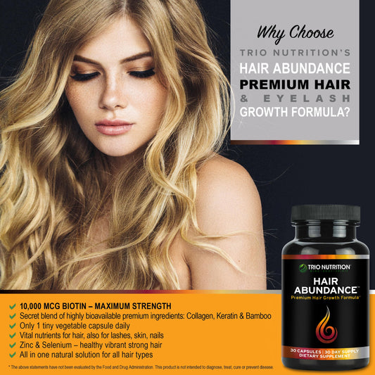 TRIO NUTRITION Hair Abundance capsules close-up highlighting keratin and biotin support.