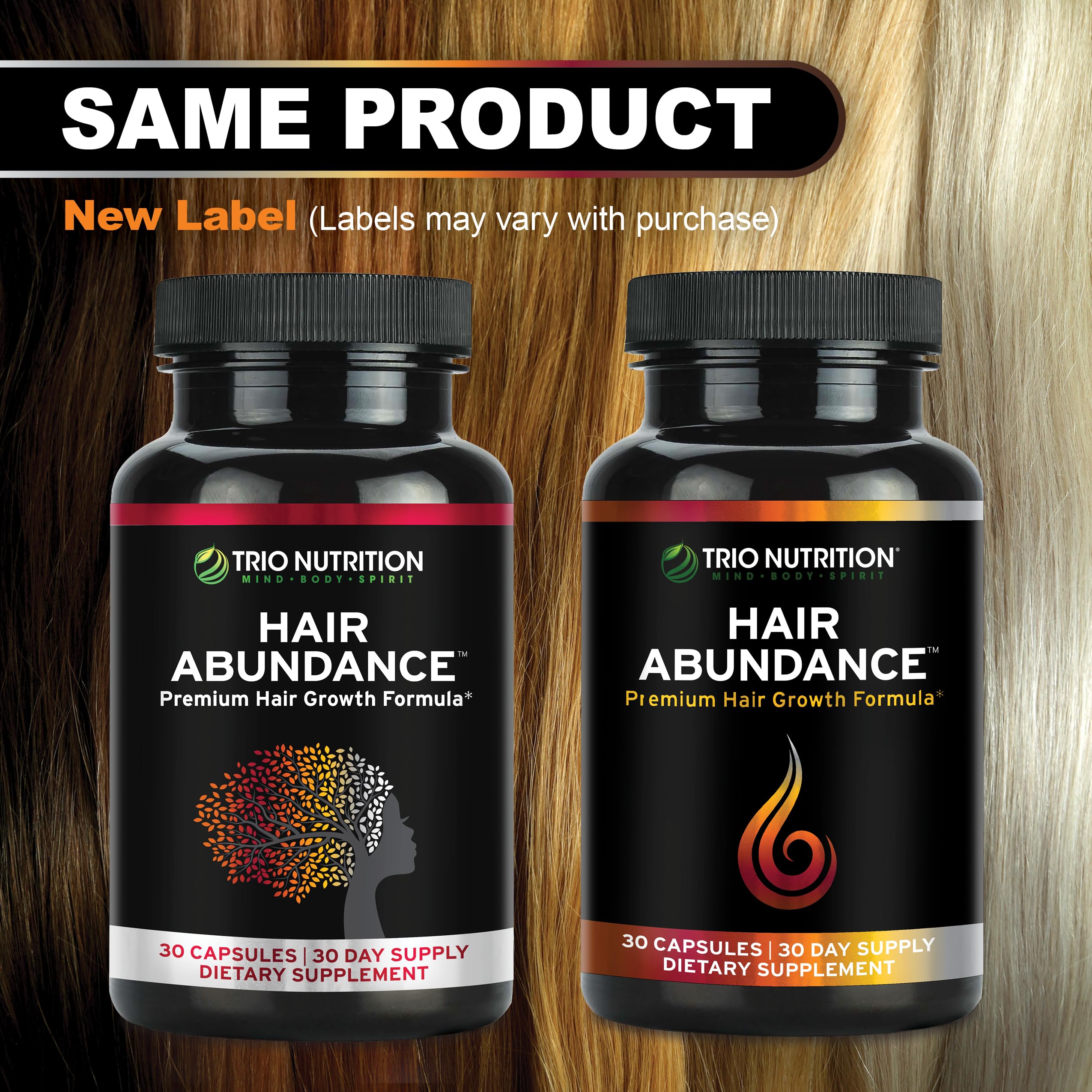 TRIO NUTRITION Hair Abundance lifestyle setup on a vanity.