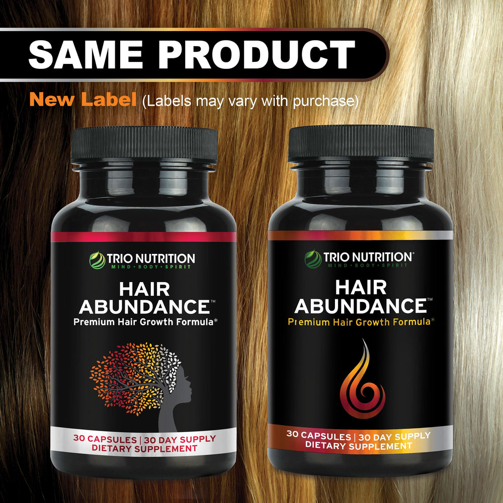 TRIO NUTRITION Hair Abundance lifestyle setup on a vanity.
