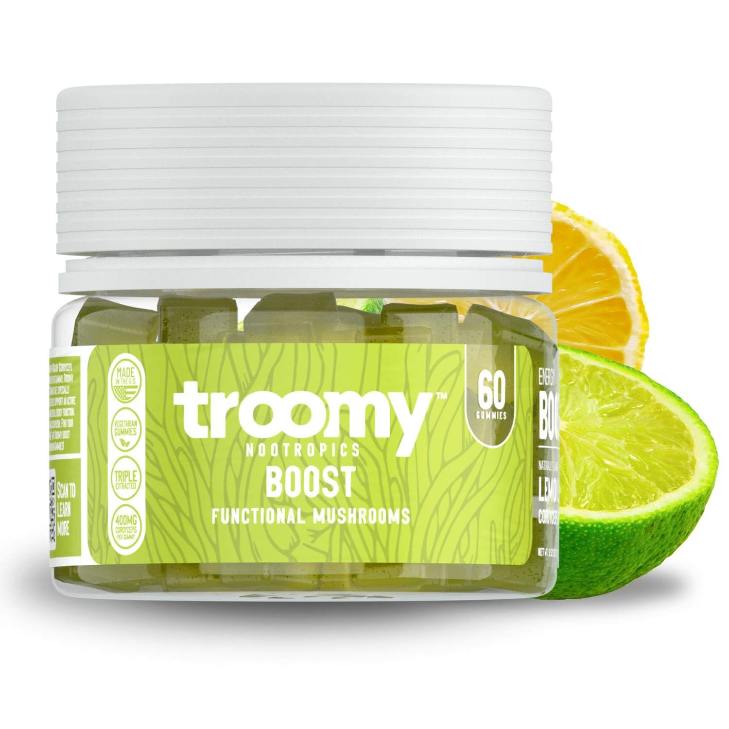Troomy Boost Cordyceps bottle showing gummies for focus and energy