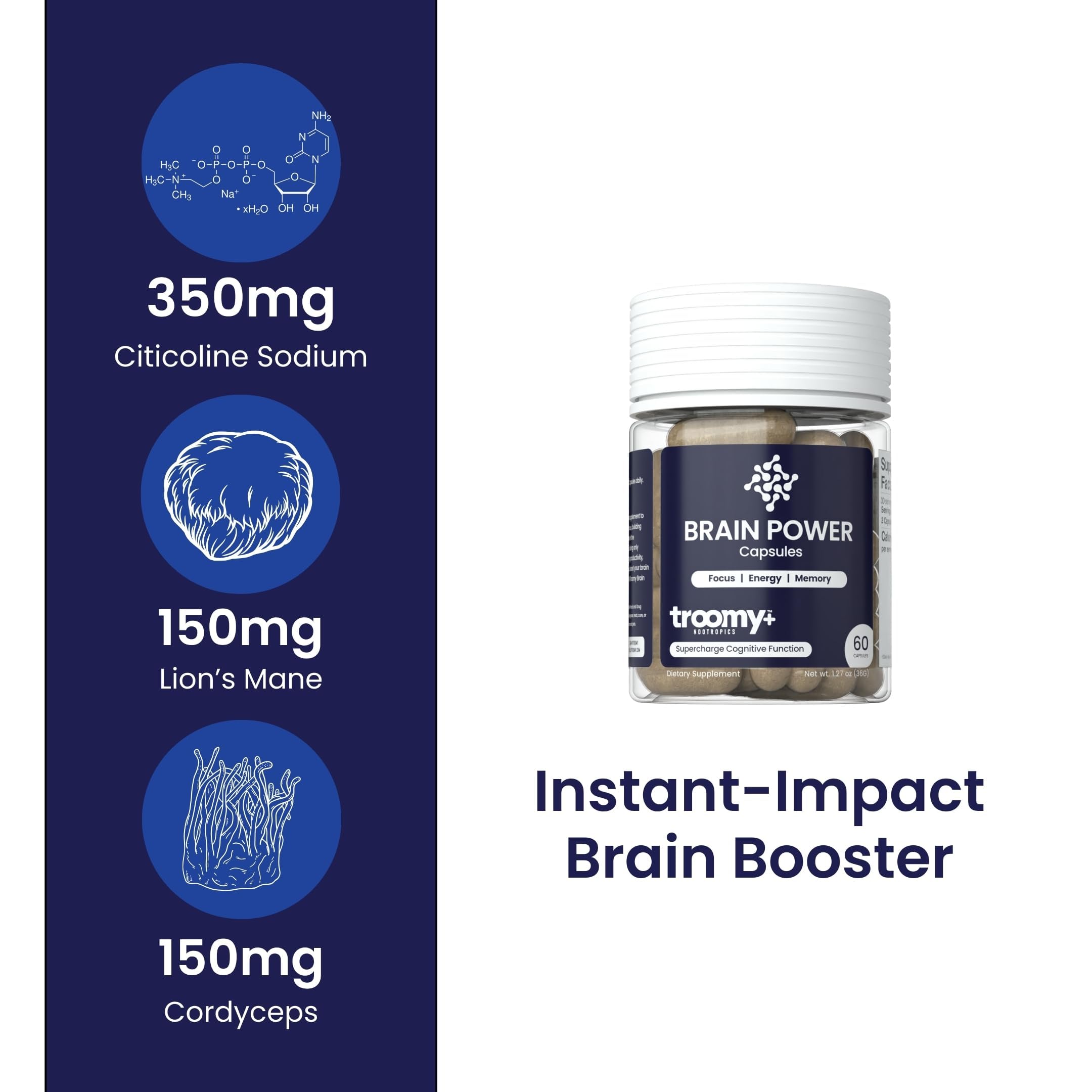 Front label of Troomy Brain Power highlighting plant-based ingredients.
