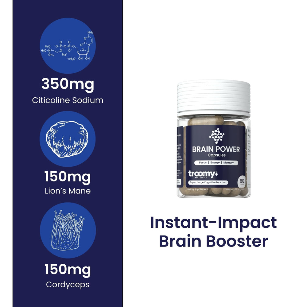 Front label of Troomy Brain Power highlighting plant-based ingredients.