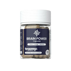 Troomy Brain Power bottle on a clean desk, supporting daily focus.