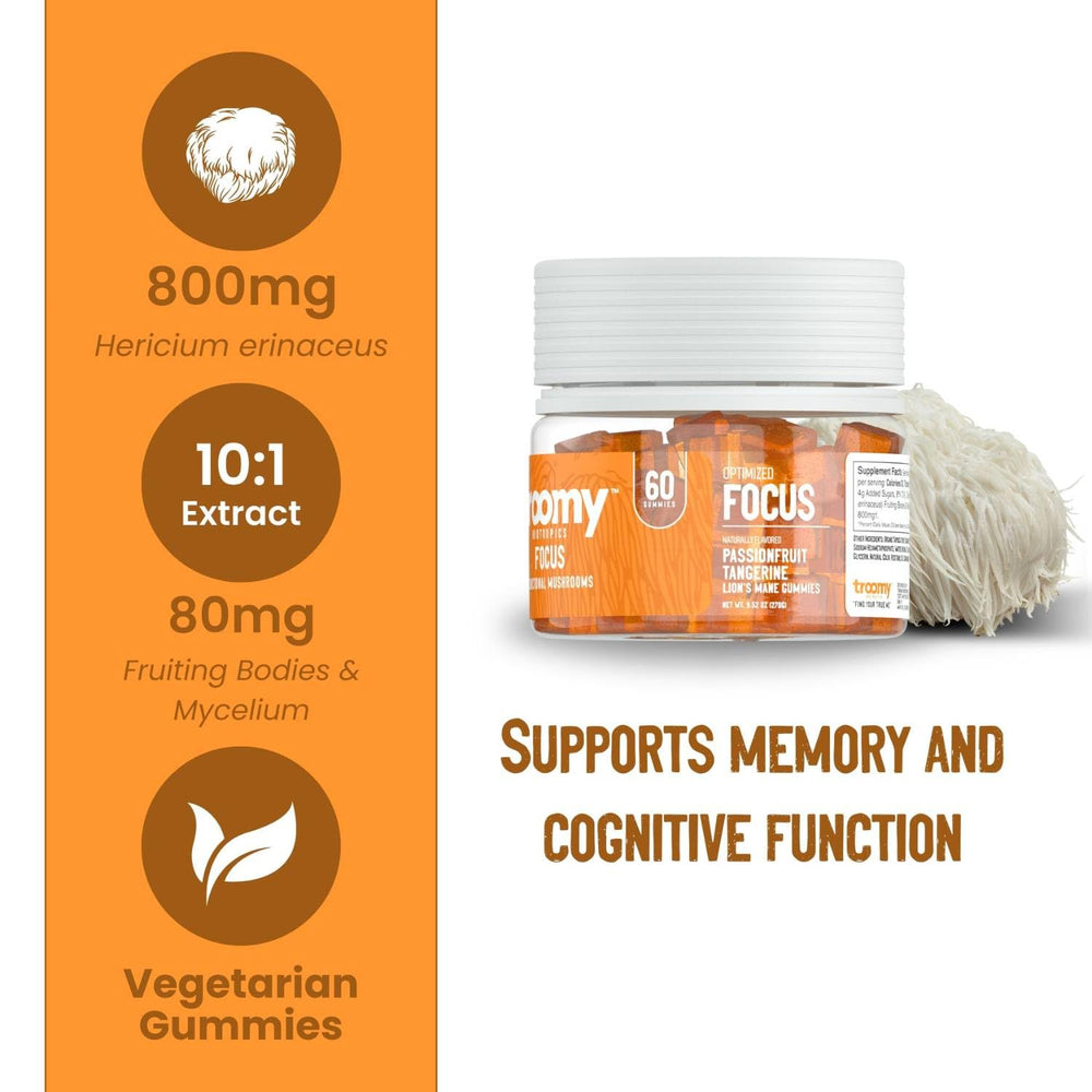 Troomy Lion's Mane Focus Gummies close-up highlights chewy texture and natural flavor.