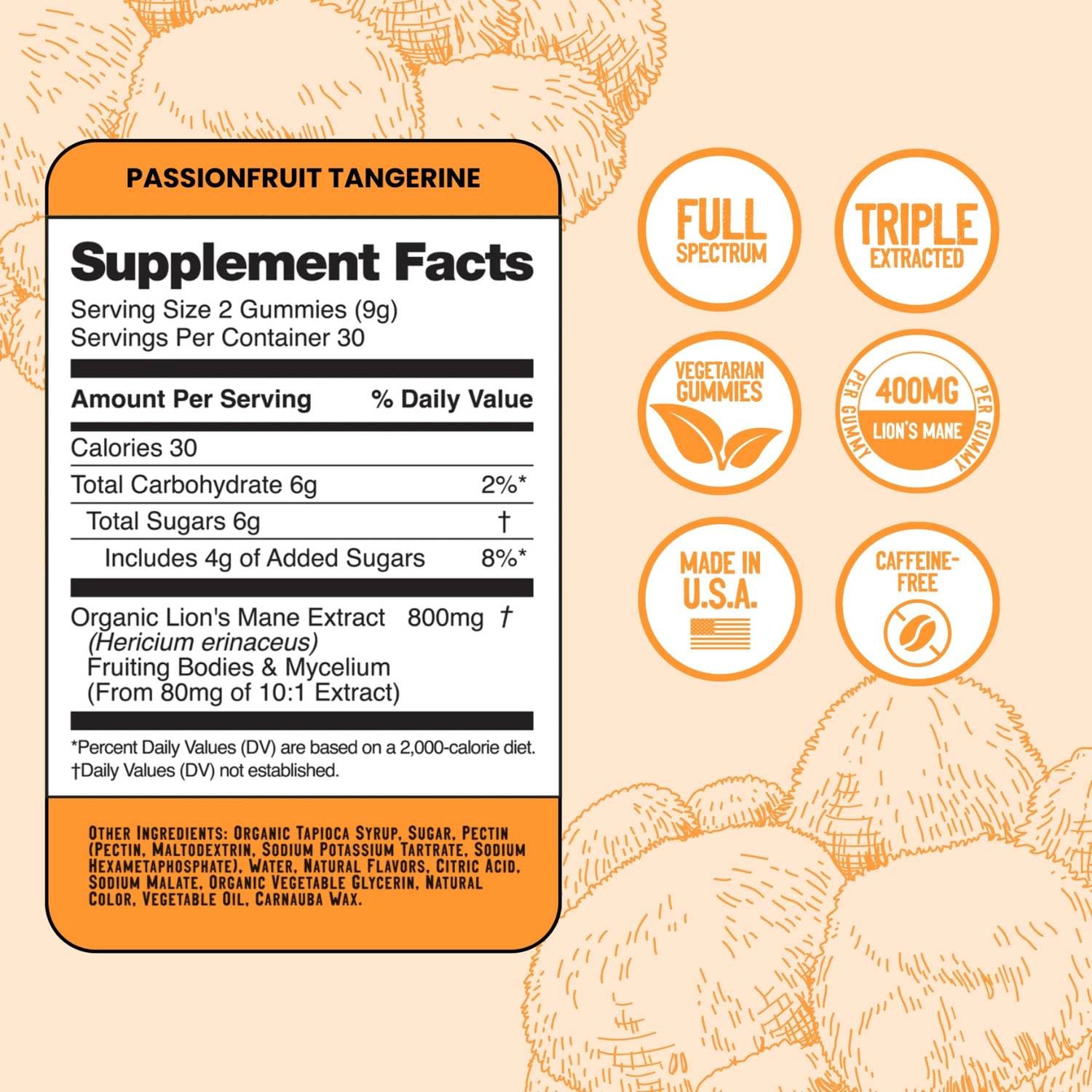 Troomy Lion's Mane Focus Gummies ingredients label showcases gelatin-free and gluten-free formula.