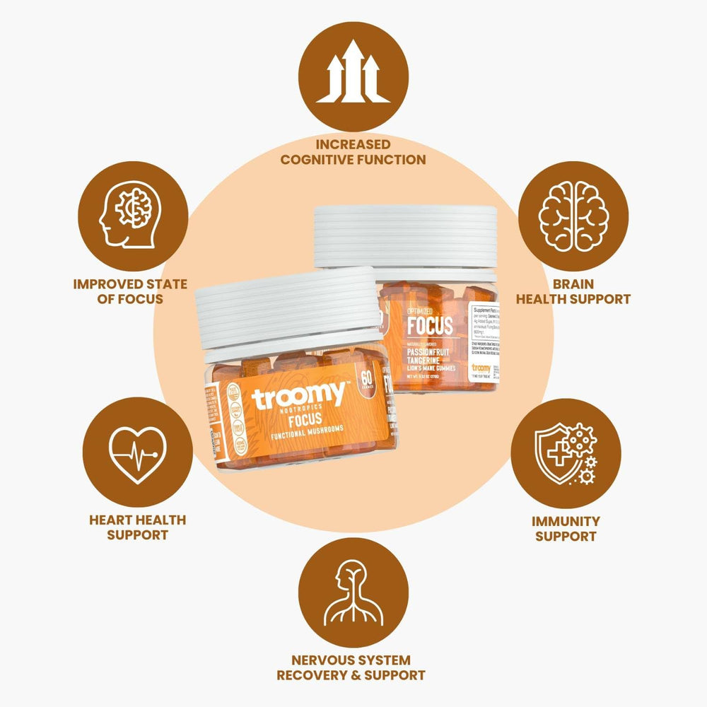 Troomy Lion's Mane Focus Gummies packaging front conveys Tangerine and Passionfruit flavor.