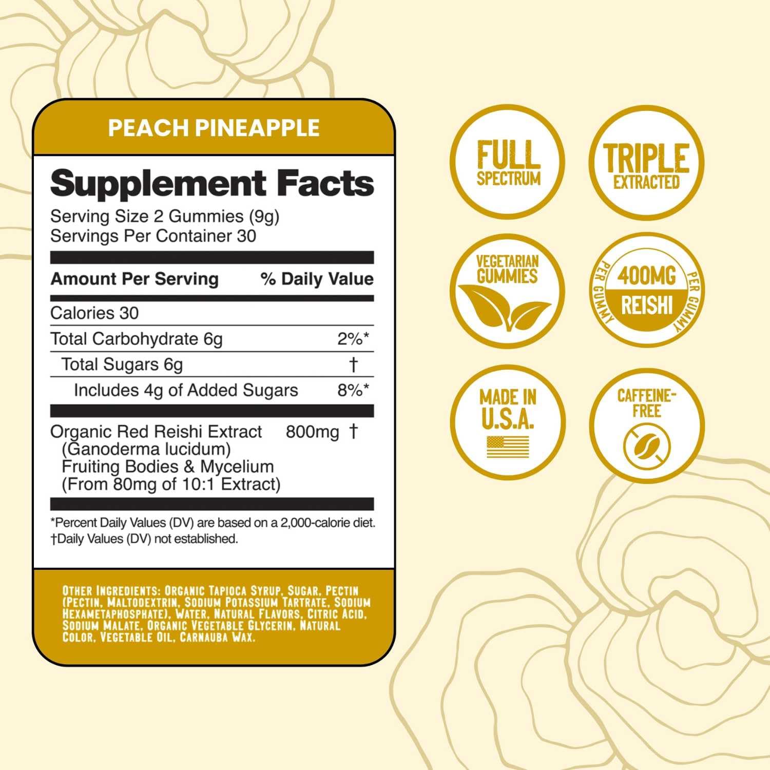 Troomy Reishi Calm Gummies ingredients panel highlights vitamins and antioxidants