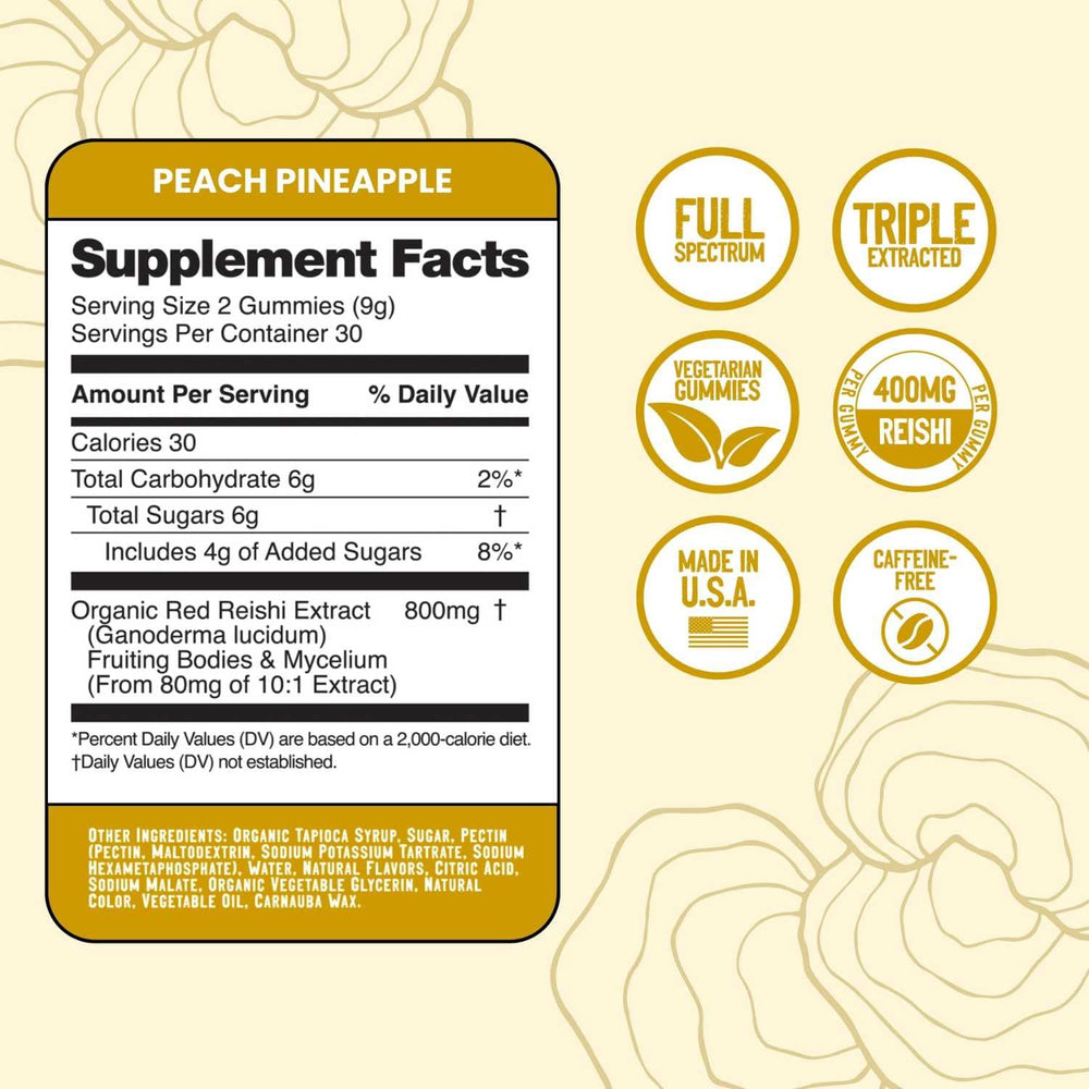Troomy Reishi Calm Gummies ingredients panel highlights vitamins and antioxidants