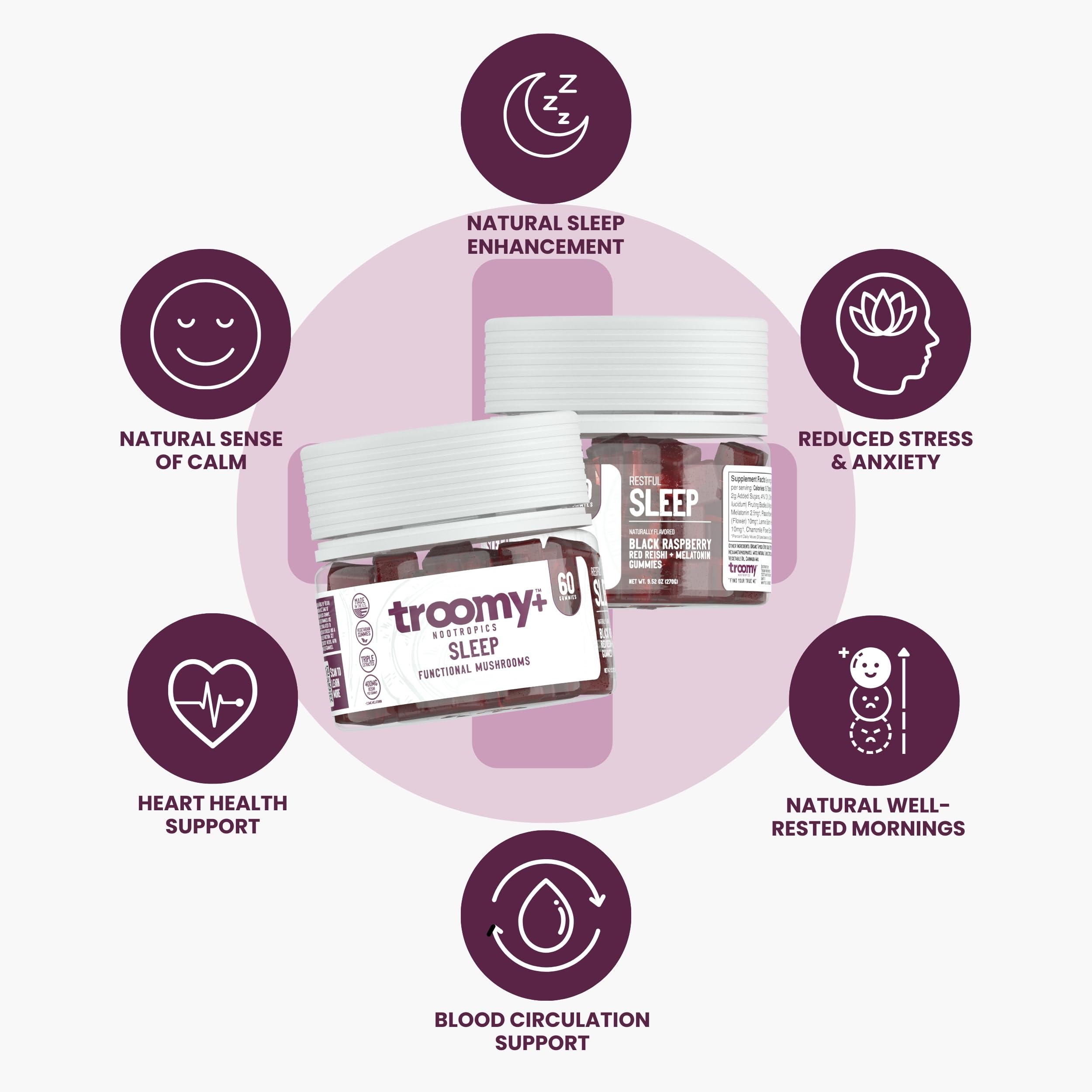 Troomy Sleep gummies closeup reveals black raspberry flavor and chewy texture.