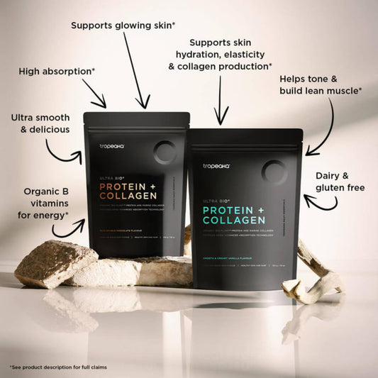 Tropeaka collagen protein powder vanilla shake glass ready for a creamy drink