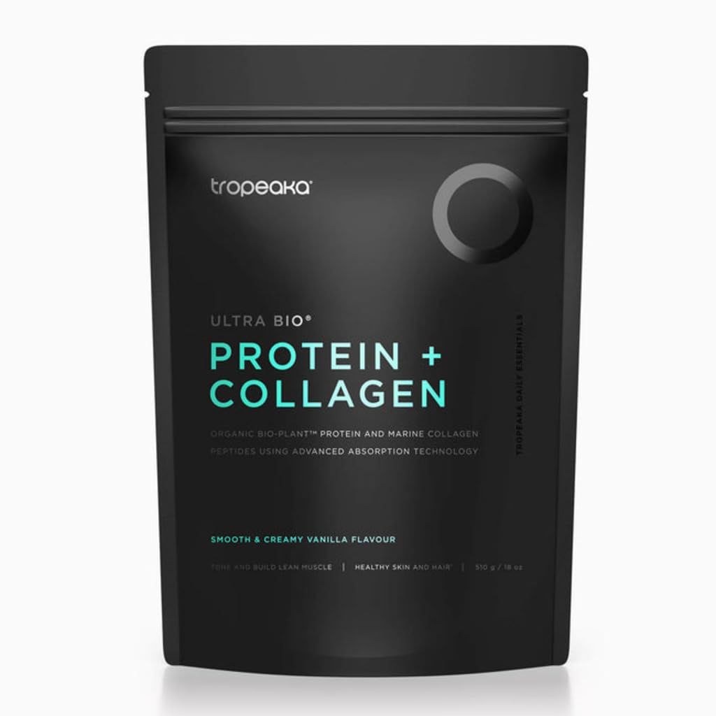 Tropeaka collagen protein powder vanilla tub shows smooth texture ideal for smoothies