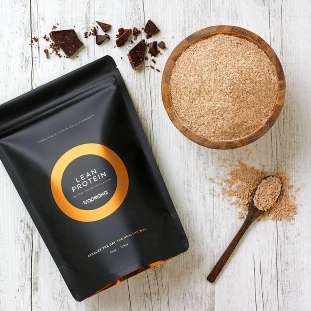 Tropeaka Lean Protein chocolate powder scoop for quick shakes