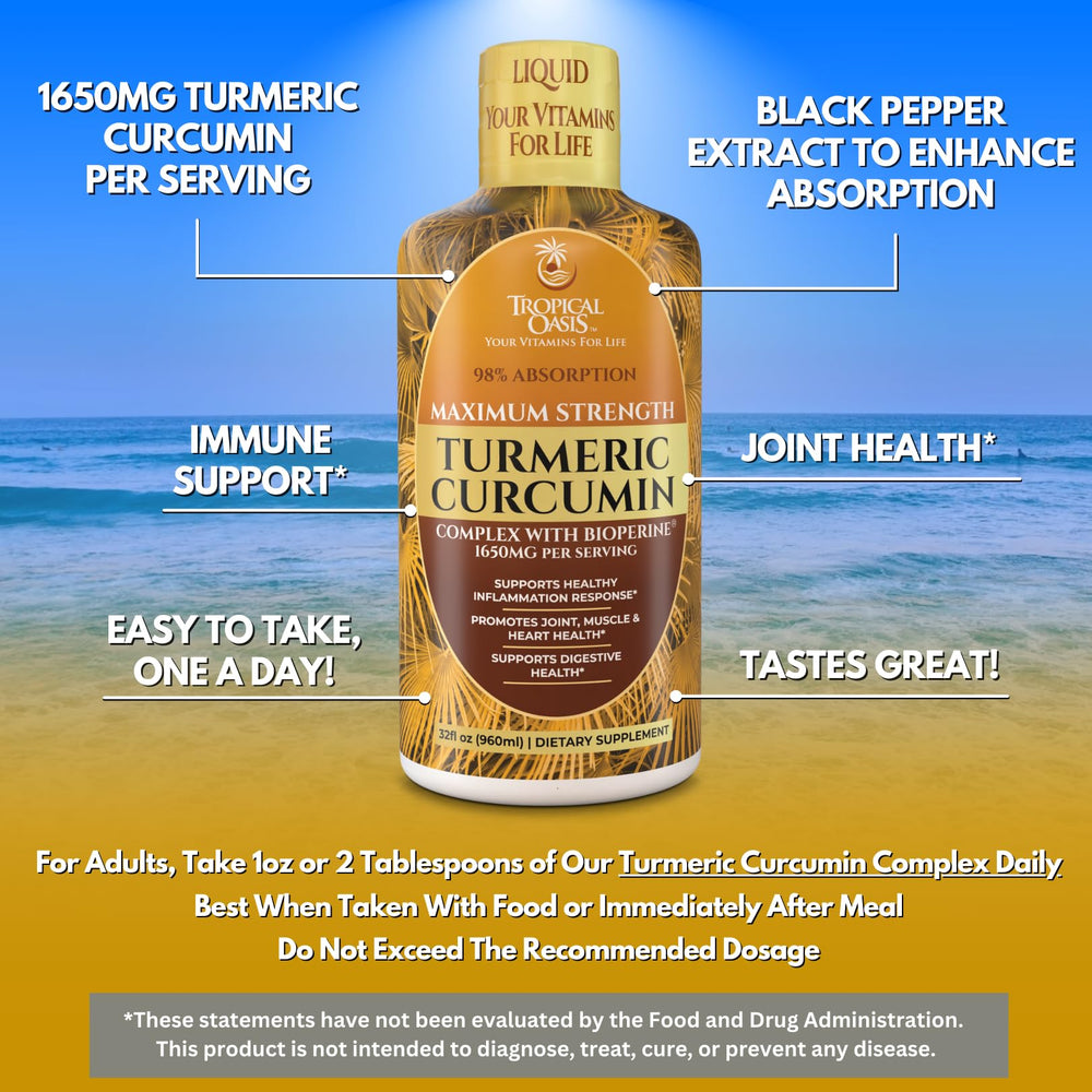 Bioperine ingredient badge on Tropical Oasis turmeric promotes absorption.